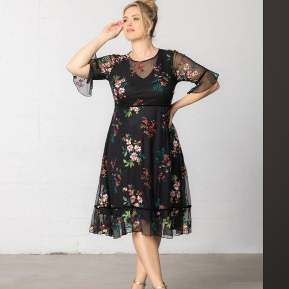 Kiyonna Wedding Guest Wildflower Embroidered Cocktail Dress, Size OX (10-12) - Picture 1 of 14